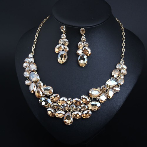 2pcs Crystal Zircon Wedding Party Necklace Earrings for Women Bridal Jewelry Set - Picture 150 of 476
