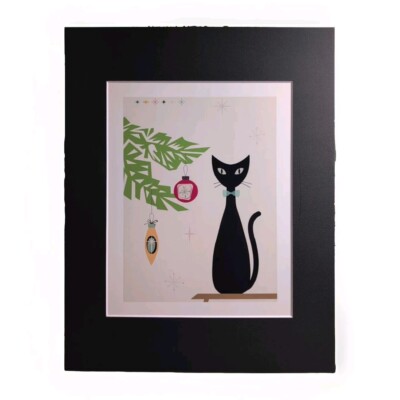 Christmas Black Cat Mid Century  Wall Art Print  Matted 11'' x 14'' Free Ship