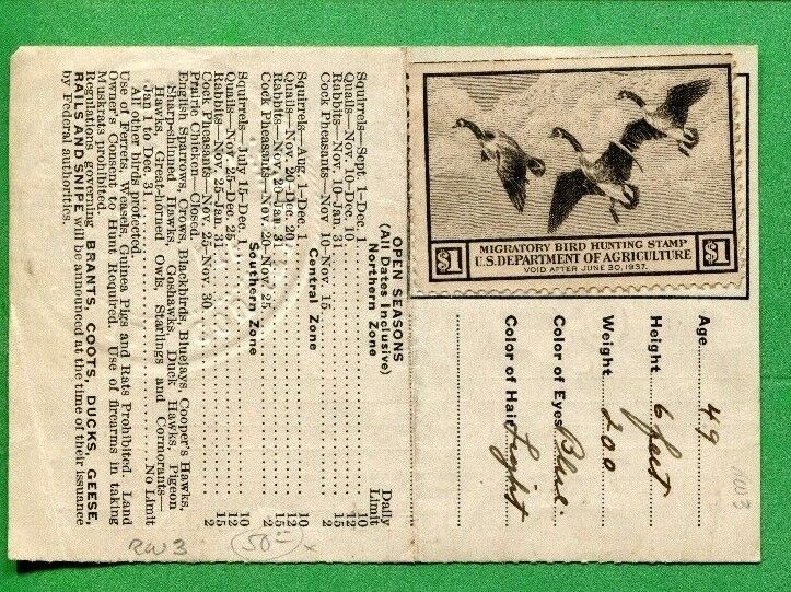 ILLINOIS 1936 Resident Hunting License W/ RW3 Unsigned Duck Stam