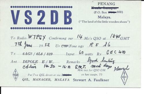 QSL 1952 VS2DB Malaya Radio Karte - 第 1/1 張圖片
