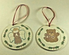 Set Of 2 Round Chalk Christmas Ornaments Bear And Angel With Ribbon Hangers