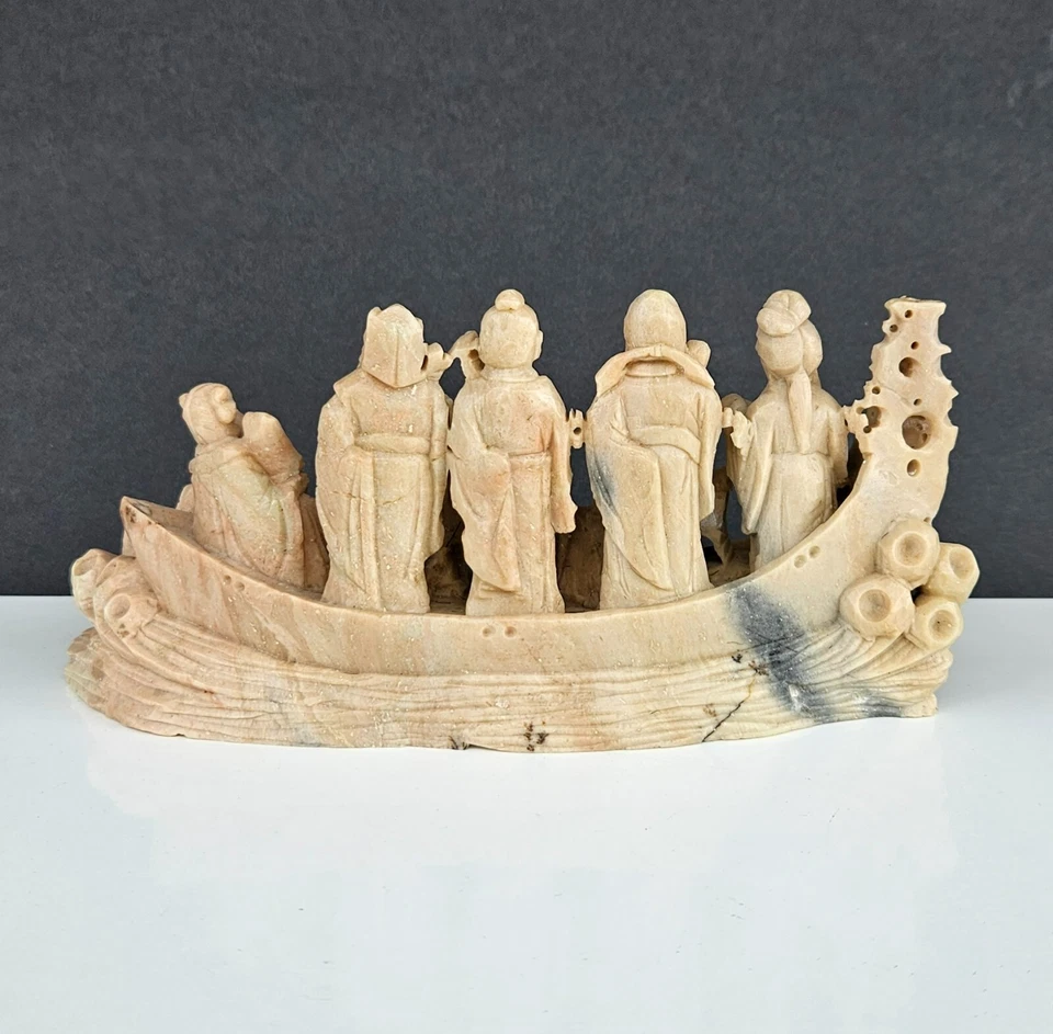 Escultura de pedra-sabão esculpida chinesa antiga oito imortais no barco - Imagem 3 de 4