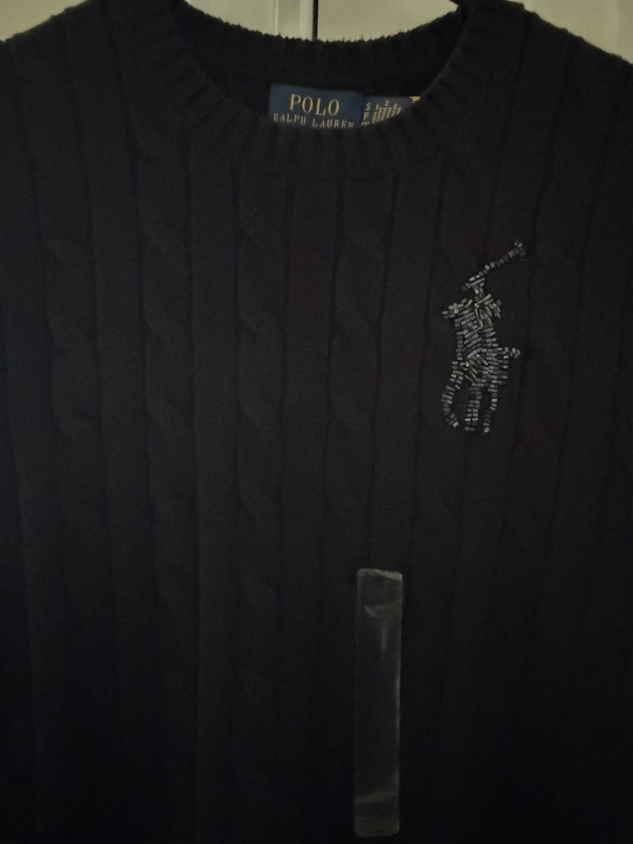 POLO RALPH LAUREN WOMEN'S CABLE-KNIT SMALL BLACK SWEATER BEADED