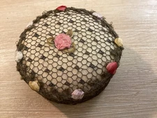 Fabulous Vintage Powder Box Ribbonwork Flowers Metallic Trim W/  Puff & Powder