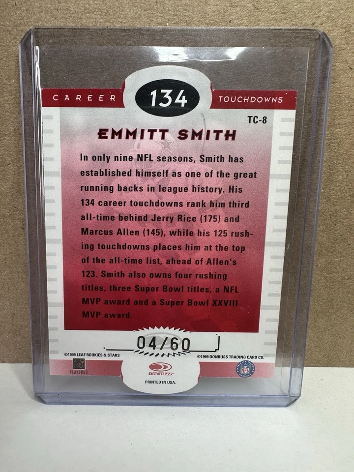 1999 leaf rookies and stars Touchdown club die cuts emmitt smith #TC-8  S#4/60 - Image 2 of 2