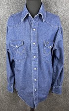 Wrangler Denim Western Shirt Mens 16-34 X-Long Tails Cowboy Pearl Snap Blue VTG