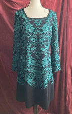 Ming Wang Dress Black Aqua Knit Shift Long Sleeves Square Neck Women’s Size M/ P