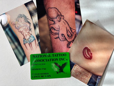 National Tattoo Assoc. card and 3 Photos of Lance McLain tattoos. Vintage Hawaii