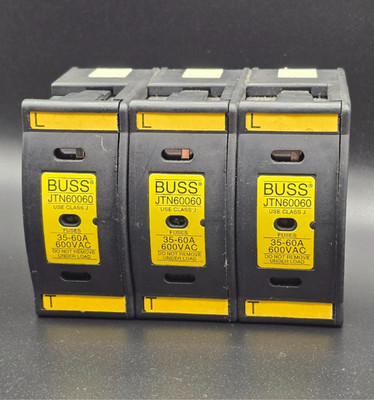 Lot of 3 Buss JTN60060 Fuse Blocks w/ LPJ-40SP Fuses   DIN Rail, 600V, 35-60A