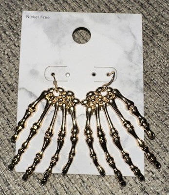 Skeleton Hand Drop Earrings, Gold Dangle Ear Hook for Halloween NEW