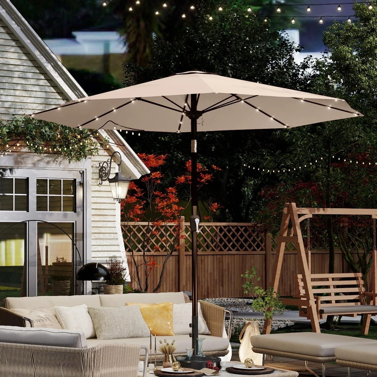 10ft solar patio umbrella 10FT Solar-Powered LED Patio Umbrella with Tilt and Crank, UV-Resistant Outdoor Umbrella for Pool, Garden, Deck, Creamy White
