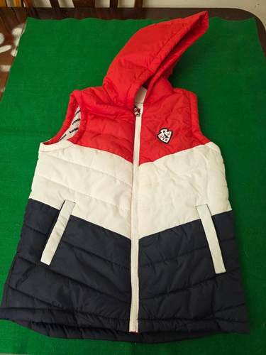 NUOVISSIMO GILET CON CAPPUCCIO E ZIP BAMBINO - Taglia M - Rosso, Bianco e Blu