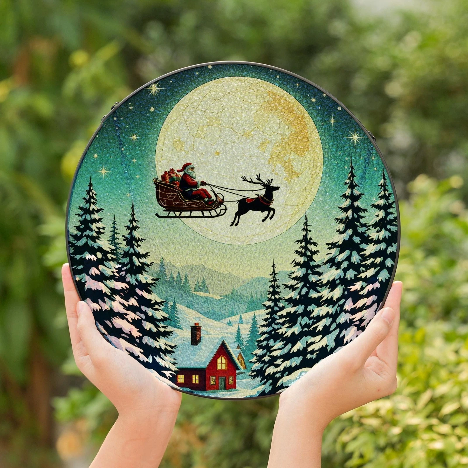 Santa Sleigh Suncatcher - Stained Glass Effect Christmas Window Decor