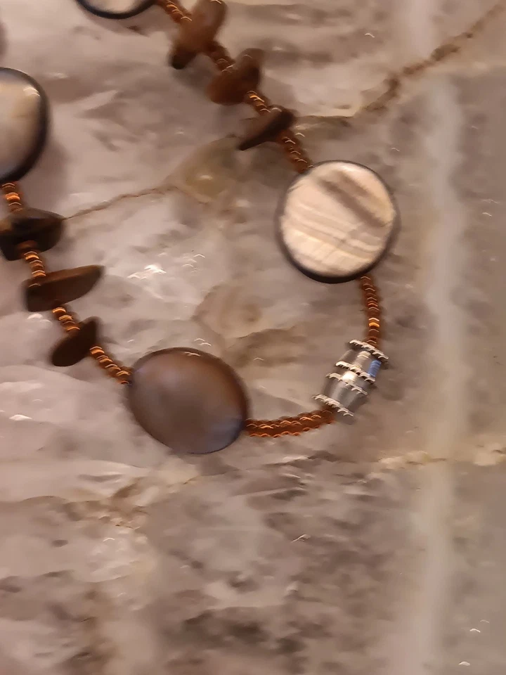  Vintage???ÚNICO Collar Artesanal Ojo de Tigre y Concha Colgante Lágrima Central Foto 2 de 4