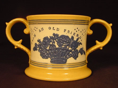 VERY RARE 1857 PRESENTATION 2 HANDLE LOVING MUG STAFFORDSHIRE YELLOW WARE MINT