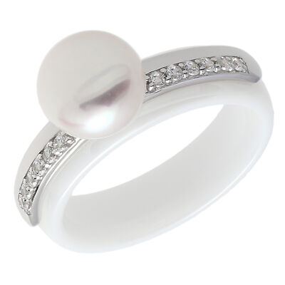 Ladies Ring Real Silver 925 Sterling Silver Ceramic Pearl and Cubic Zirconia Ladies Ring