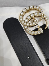 Authentic Womens GUCCI Black Leather GG Pearl Belt Size 32-34