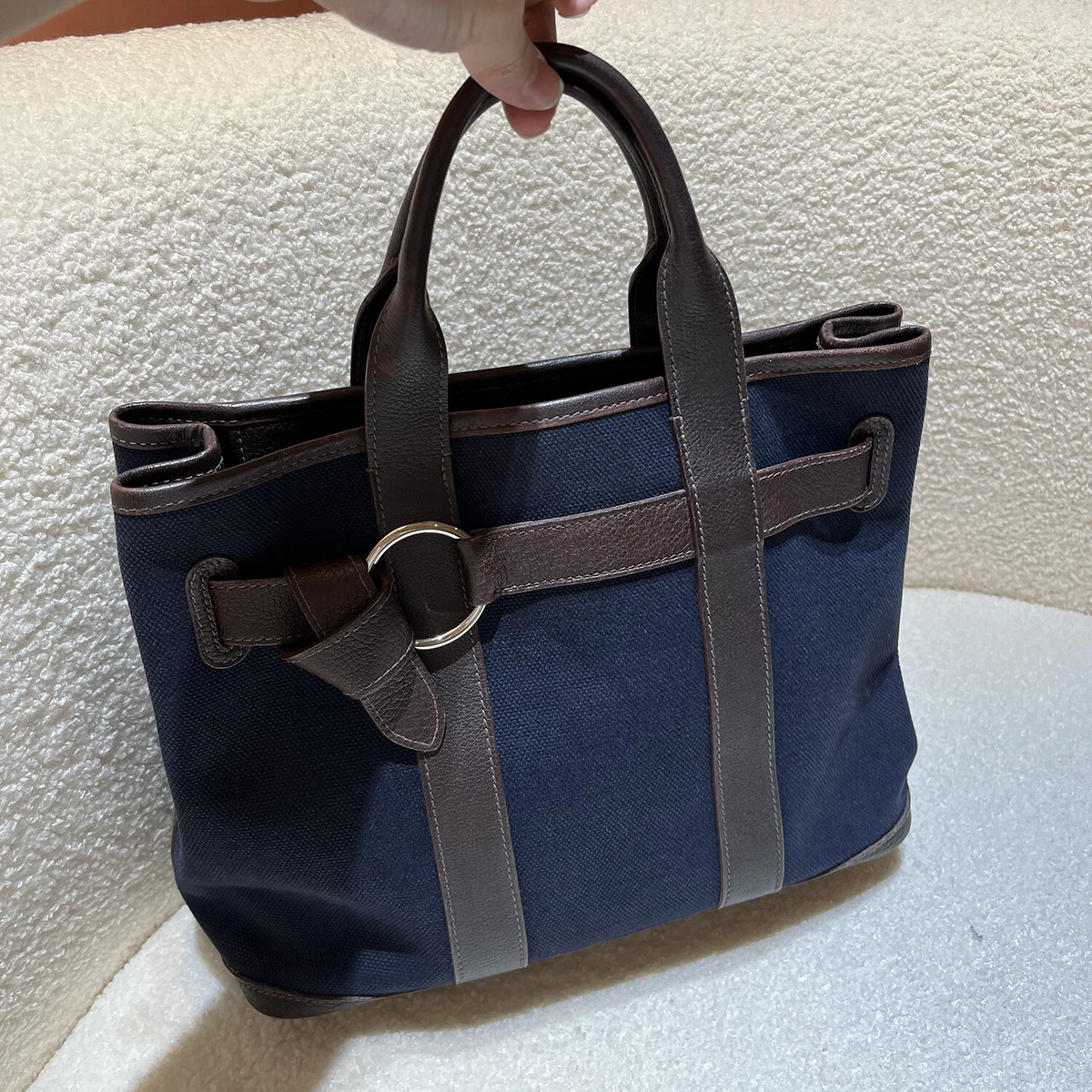 Auth Hermes Petite Ceinture Navy Blue & Brown Leather And Canvas Unisex  Tote Bag