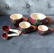Vintage Cracker Barrel Measuring Cups Spoons Set Apple Maroon Green Brown White