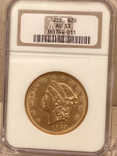 1855 $20 gold type one LIBERTY DOUBLE EAGLE NGC AU53 BEAUTY