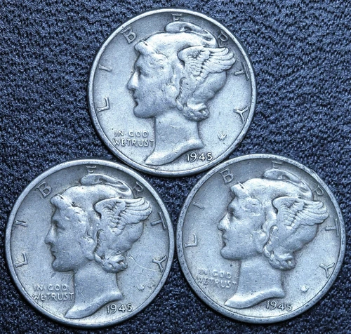 1945 P D S (3 PIECE LOT) Mercury Silver Dimes CIRCULATED GOOD / VG FREE SHIPPING