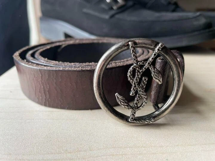 YSL Yves Saint Laurent Snake Logo Round Buckle Narrow Belt Brown