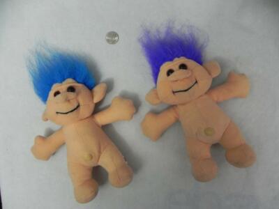 1991 TROLL-KINS Set of 2 ACME Soft Body DOLLS 7'' Blue Purple Yarn Smile Nude
