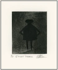 NIGHTIME PERSON SAYING "GOODNIGHT" Original Signed Modernist ETCHING MEZZOTINT.