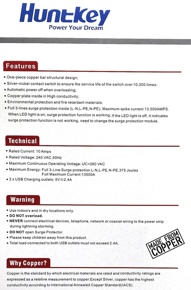 Huntkey 6 Outlets 2 USB Surge Protector Powerboard 2.1A 10w Copper Bar 2m x 2pk - Image 4 of 4