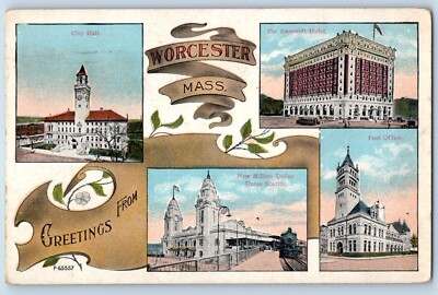 Worcester Massachusetts MA Postcard Greetings Multiview Exterior Building c1921