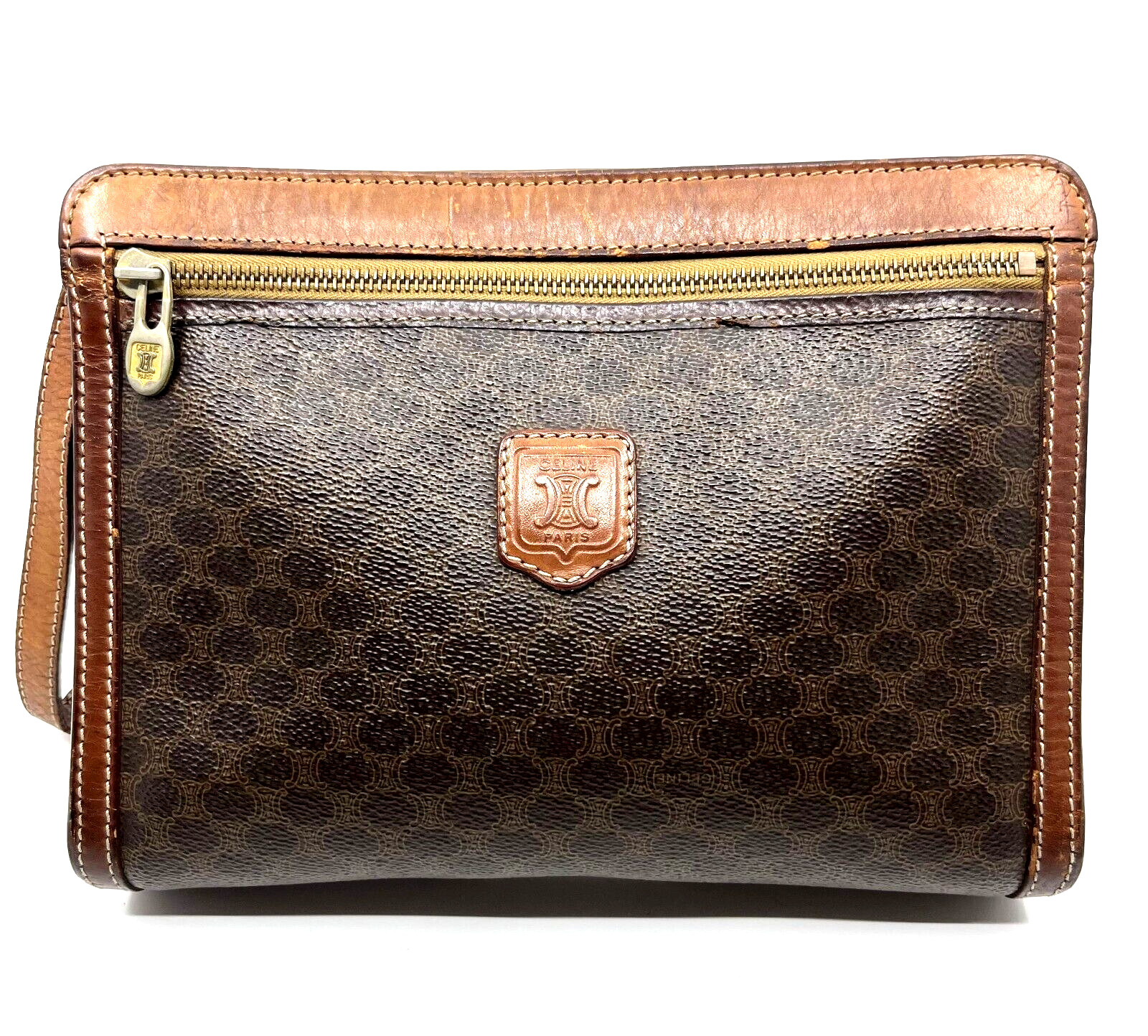 CELINE Clutch Bag With Strap PVC Leather Macadam Brown Auth
