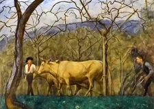 Stunning Oil painting Hans Thoma - Dusk on lake Garda farmers in landscape 