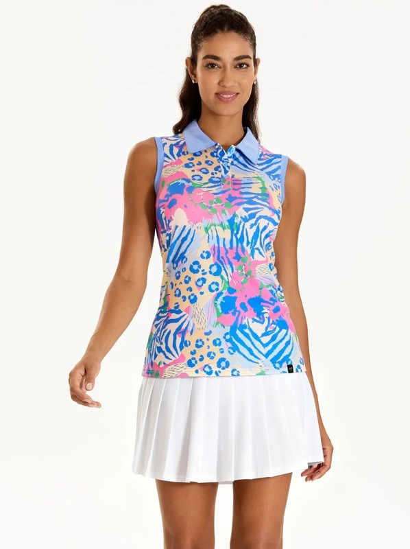 NEW SONEVEN Tropical Leopard Button Sleveless Polo Shirt XL Athletic GOlf Tennis