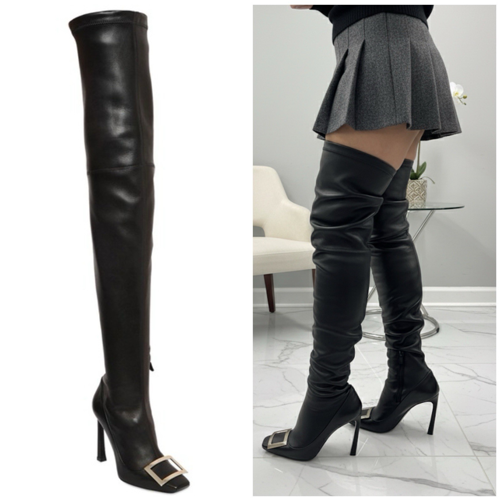 NIB Roger Vivier Cuissard Buckle Leather Thigh Boots In Black Size:38 (US 8)
