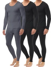 Mens Thermal Long Johns 3-Pack Fleece Lined Base Layer Set - Black/Grey