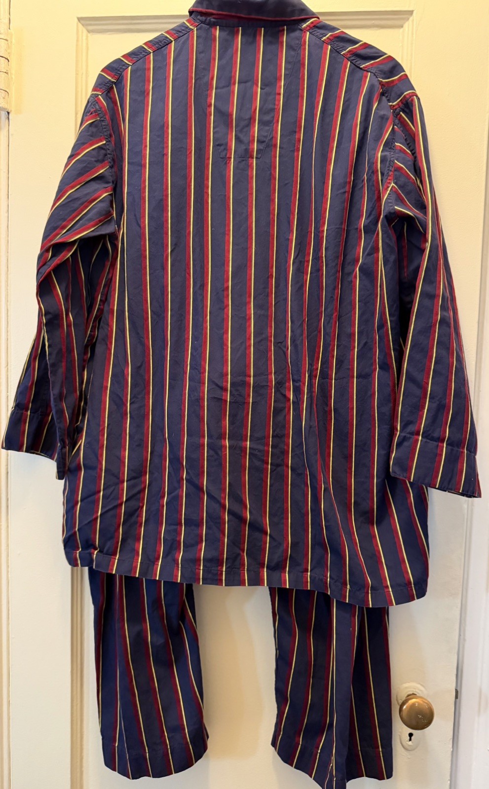Derek Rose Men’s 100percent Cotton Pajama & Robe set Navy w/Burgundy Stripes Sz 44 image 3