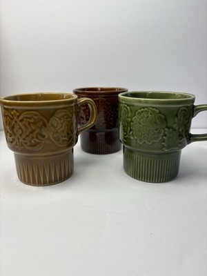 Vintage MCM Stackable Coffee Mugs Brown Green Gold Made In Japan Set Of 3