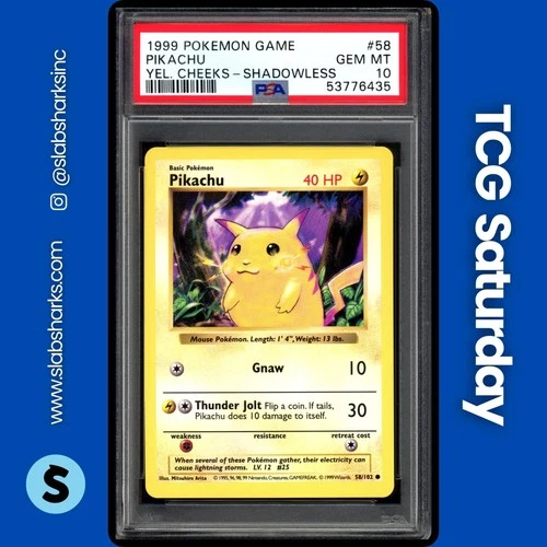1999 POKEMON BASE SET SHADOWLESS #58/102 PIKACHU YELLOW CHEEKS PSA 10