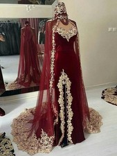 Burgundy Middle East Evening Dresses Lace Appliqued Floral Strap Shawl Split ﻿