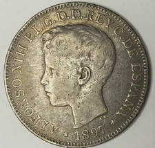 1897 PHILIPPINES 1 UN PESO- ALFONSO XIII
