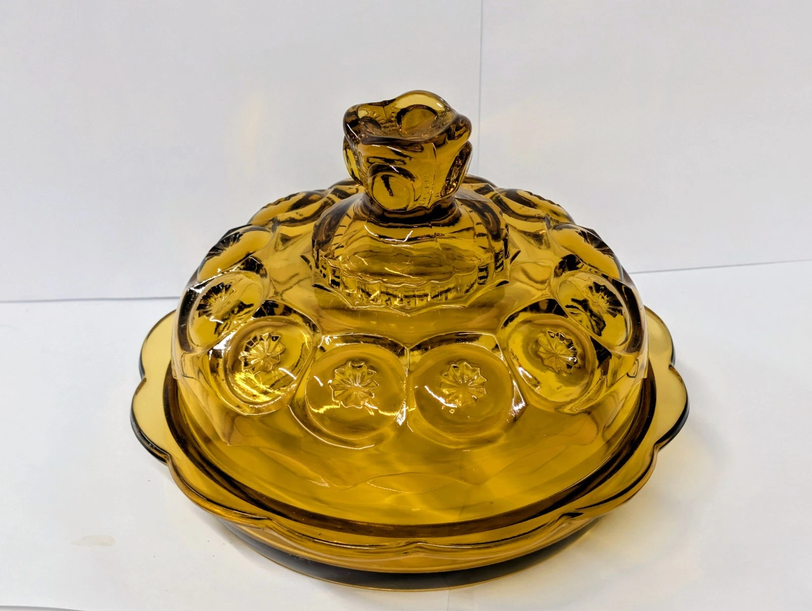 LE SMITH Moon & Stars Amber 2 Piece Glass Lidded Covered Cheese Butter Dish