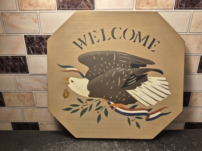 Vtg Handmade & Painted 11.75'' X 11'' Wooden Welcome Sign W/Eagle Motif Has Flaw