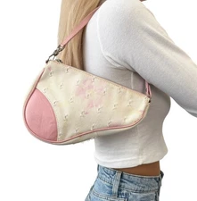 Christian Dior Vintage 2003 Distressed Floral Denim Mini Saddle Bag White Pink