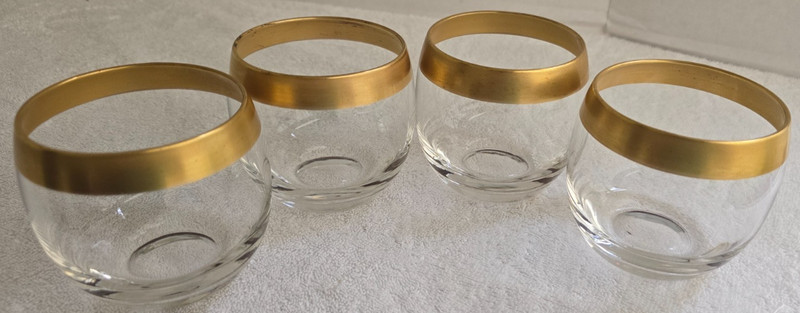VINTAGE DOROTHY THORPE 12 OZ. MID CENTURY THICK GOLD BAND ROLY POLY GLASSES S/4
