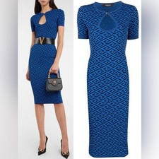 VERSACE La Greca Knitted Midi Dress blue/black IT42/US6