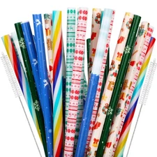 JANYUN 40 Pieces Christmas Straws, BPA-Free 9" Printing Hard Platic Xmas Reus...