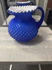 Fenton Cobalt Blue Hobnail Pitcher White Opalescent Ruffled Rim Marked