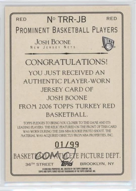 2006-07 Topps Turkey Red Relics Red /99 Josh Boone #TRR-JB Rookie RC - Image 2 of 2