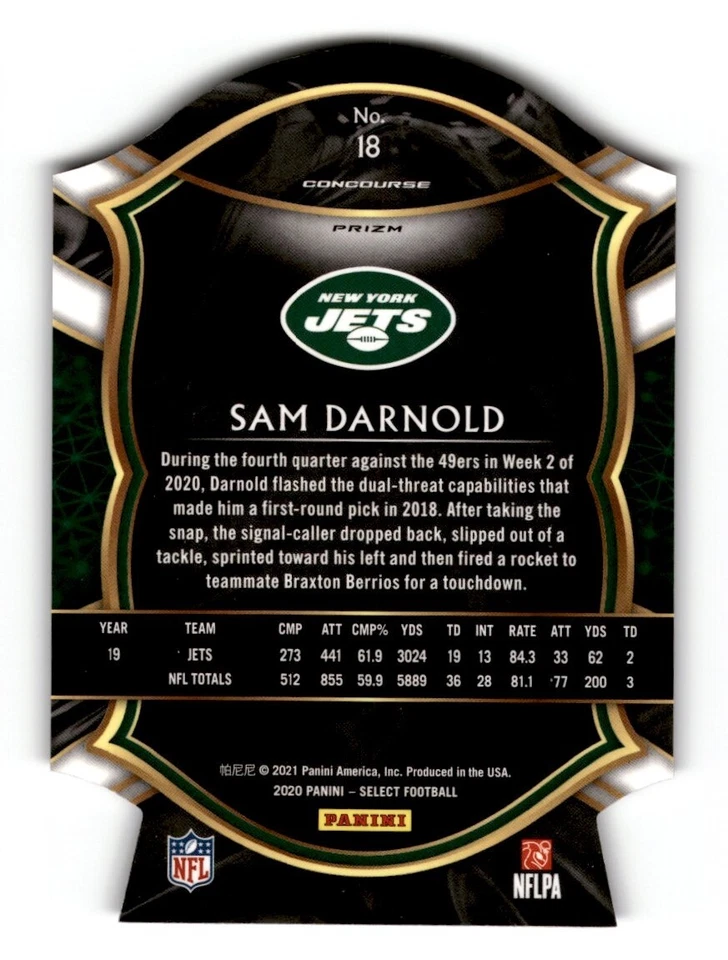 2020 Panini Select Die-Cut Prizm Purple Sam Darnold #18 New York Jets - Image 2 of 2