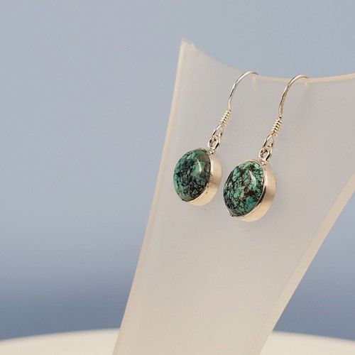 Natural Turquoise Silver Earrings, Semi Precious Pattern Cabochon Gemstones, - Picture 2 of 4